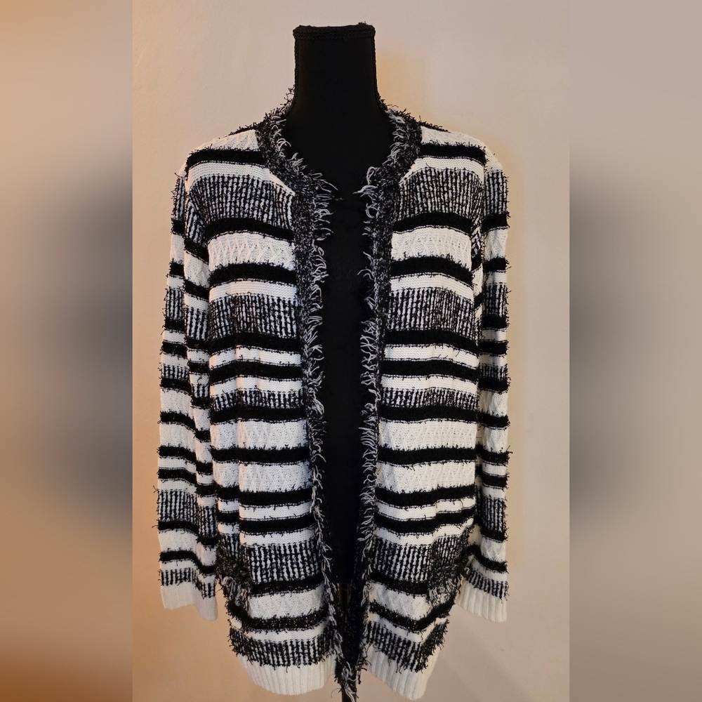 Kim Rogers Black and White Striped Fringe Cardigan